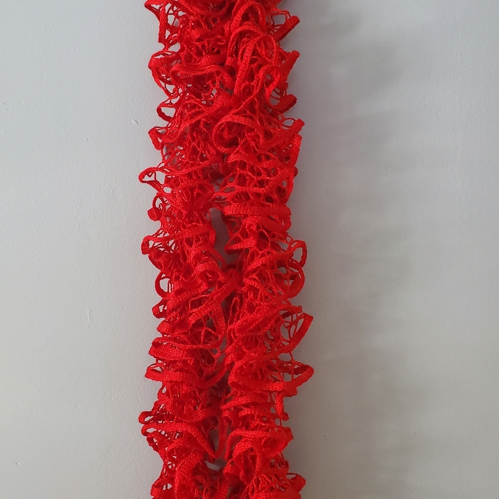 X-Long Red Crocheted Ruffle Scarf - Picture 2 of 8